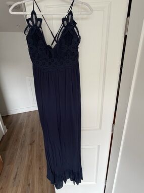 Francesca’s Navy Lace Bodice Maxi Dress NWT Size L Boho Flowy Strappy